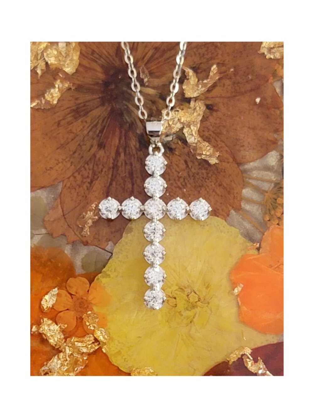 Moissanite Cross Necklace White Gold Plated Silver 15.7in+2in NWT